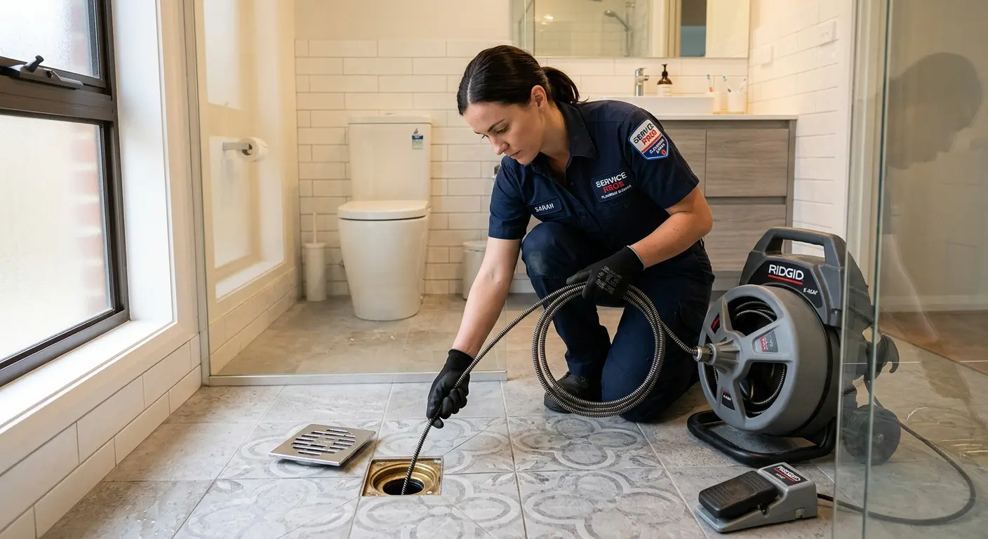 Technician clearing a bathroom floor drain for Drain Cleaning in Carbondale